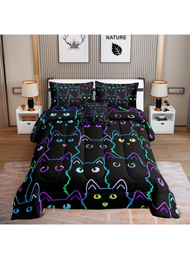 ROWADALO 6 Piece Cat Comforter Set Queen Size Bed in A Bag set Cute Black Cat Bedding Set for Girls Boys Kids Teens (with 1 Comforter,1 Flat Sheet,1 Fitted Sheet,2 Pillowcases,1Cushion Cover)Cats 5001-6Pcs Q - Image 1